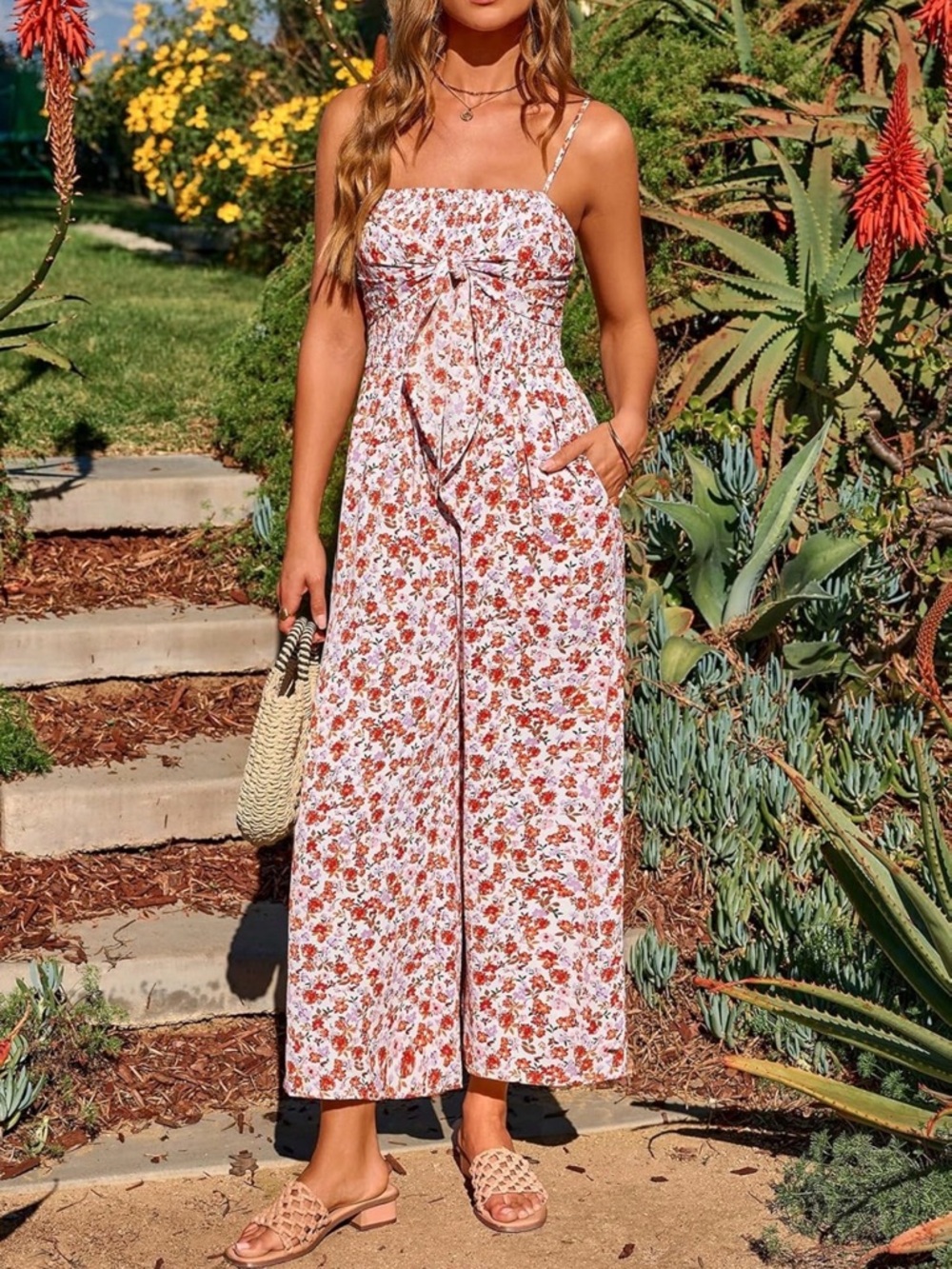 Floral Tie-Front Wide-Leg Jumpsuit - Rust Floral